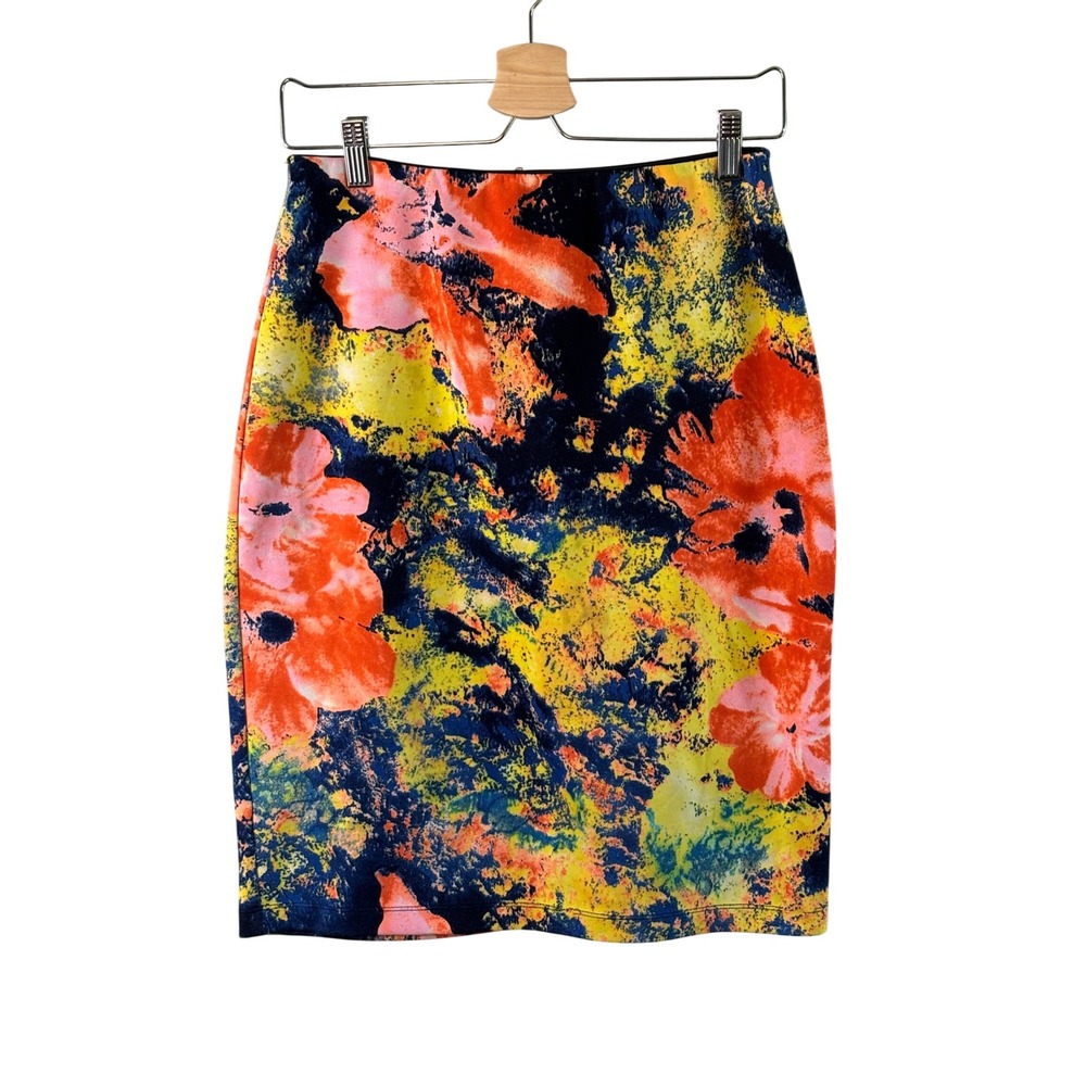 Betsey Johnson Pencil Skirt Yellow Blue Floral Women Size S Abstract Stretch
